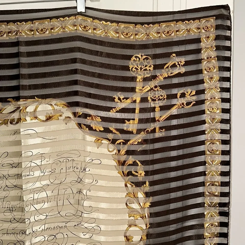 Vtg very large Liz‎ Claiborne brown, gold & cream polyester scarf/ key print
